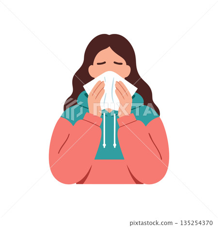 Woman blowing nose with tissue vector illustration in pink and teal hoodie 135254370