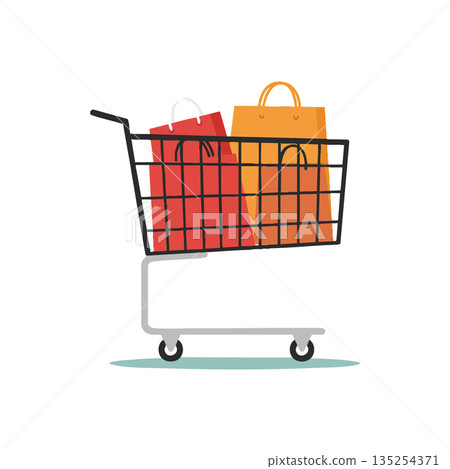 Shopping cart with red and orange paper bags for retail and consumer purchase concept 135254371