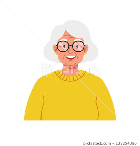 Elderly woman with white hair and glasses wearing yellow sweater portrait vector illustration 135254386