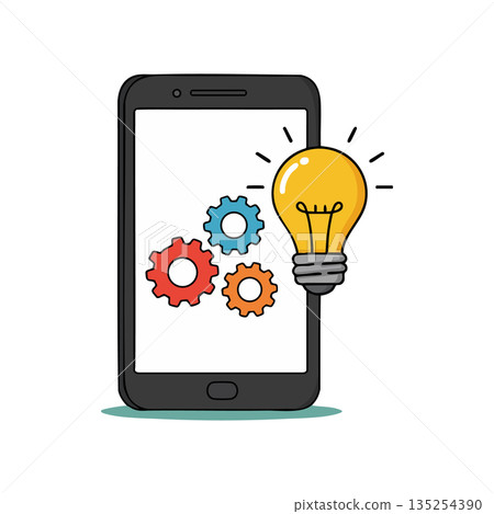 Smartphone with light bulb and colorful gears innovation technology concept vector illustration Smartphone with light bulb and colorful gears innovation technology concept vector illustration 135254390