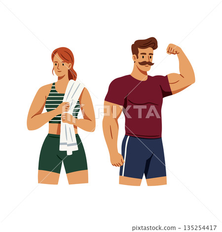 Fit man and woman showing muscles and holding towel after workout vector illustration Fit man and woman showing muscles and holding towel after workout vector illustration 135254417