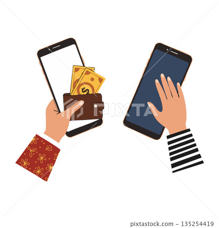 Hands Using Smartphones for Mobile Payment and Transaction Illustration Vector 135254419