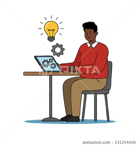 Man working on laptop with gears and glowing light bulb innovation concept vector illustration Man working on laptop with gears and glowing light bulb innovation concept vector illustration 135254420