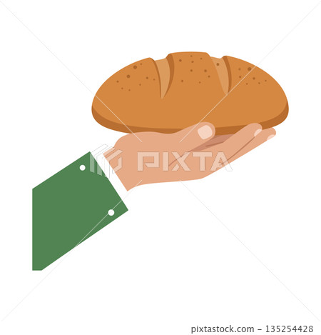 Hand holding fresh brown bread loaf illustration with green sleeve vector design Hand holding fresh brown bread loaf illustration with green sleeve vector design 135254428