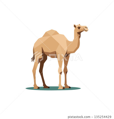Camel polygonal low poly style vector illustration with beige and brown tones standing on shadow Camel polygonal low poly style vector illustration with beige and brown tones standing on shadow 135254429