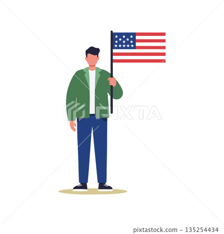 Man holding United States flag patriotic expression vector illustration standing outdoors Man holding United States flag patriotic expression vector illustration standing outdoors 135254434