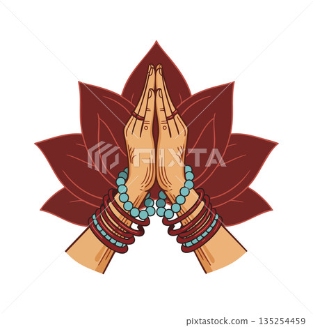 Hands in Namaste Gesture with Beaded Bracelets and Red Lotus Background Vector Illustration for Spiritual and Cultural Symbolism 135254459