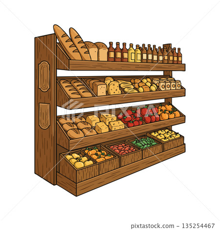 Bread and vegetable display shelf with various loaves fruits and bottles in grocery store vector illustration Bread and vegetable display shelf with various loaves fruits and bottles in grocery store vector illustration 135254467