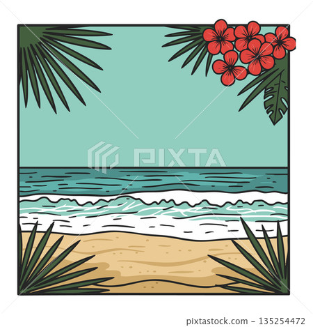Tropical beach scene with ocean waves and red flowers vector art design for summer vacation background Tropical beach scene with ocean waves and red flowers vector art design for summer vacation background 135254472