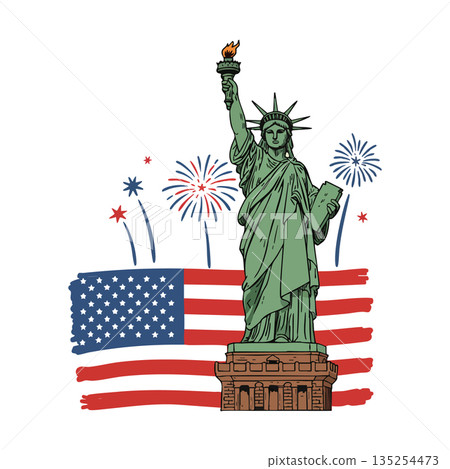 Statue of Liberty with American flag and fireworks celebrating Independence Day vector design illustration 135254473