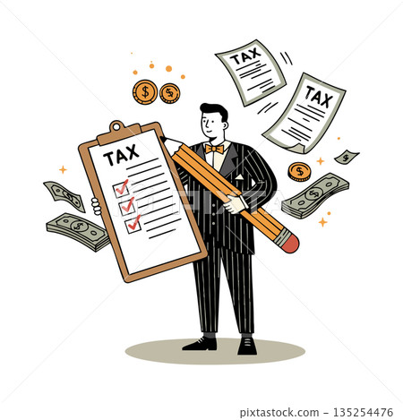 Tax checklist concept with businessman holding giant pencil and clipboard with tax forms and money flying around Tax checklist concept with businessman holding giant pencil and clipboard with tax forms and money flying around 135254476