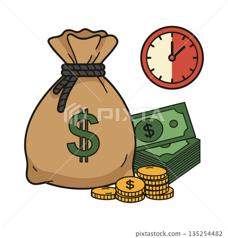 Money bag with dollar sign clock timer and stack of coins and bills representing financial savings and time management vector illustration Money bag with dollar sign clock timer and stack of coins and bills representing financial savings and time management vector illustration 135254482