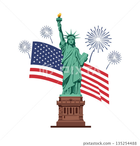 Statue of Liberty with American flag and fireworks celebrating United States Independence Day vector illustration Statue of Liberty with American flag and fireworks celebrating United States Independence Day vector illustration 135254488