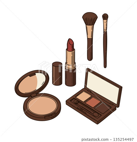 Makeup cosmetic set with lipstick powder compact eyeshadow palette and brushes in brown shades vector illustration 135254497