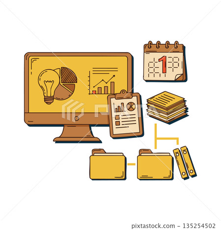 Business productivity concept with computer screen calendar documents folders charts and reports vector illustration 135254502