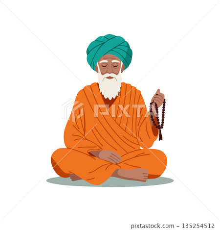 Elderly man meditating with prayer beads wearing turban and orange robe vector illustration Elderly man meditating with prayer beads wearing turban and orange robe vector illustration 135254512