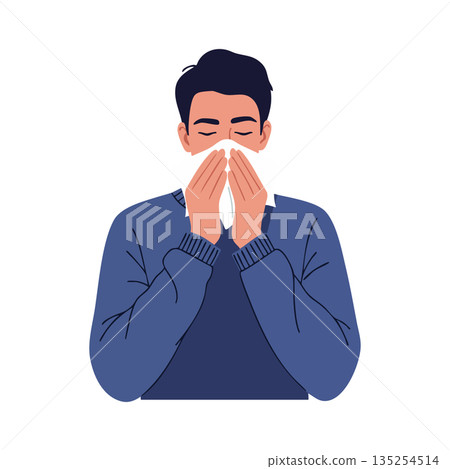 Man Sneezing with Tissue Covering Nose in Blue Sweater Vector Illustration Man Sneezing with Tissue Covering Nose in Blue Sweater Vector Illustration 135254514