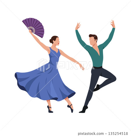 Flamenco dancers performing traditional Spanish dance with fan and dynamic poses vector illustration 135254518