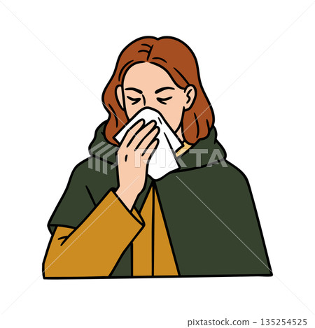 Woman with tissue blowing nose in cold weather vector illustration Woman with tissue blowing nose in cold weather vector illustration 135254525