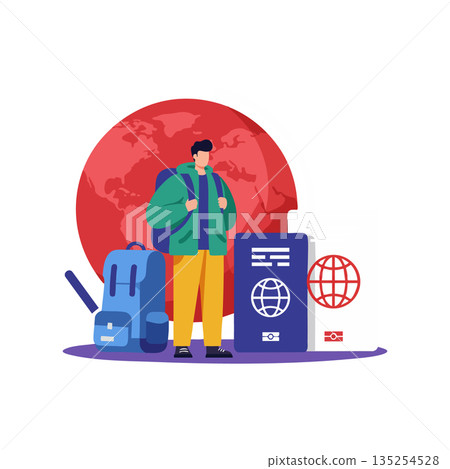 Male traveler with backpack and passport standing in front of red globe vector illustration Male traveler with backpack and passport standing in front of red globe vector illustration 135254528