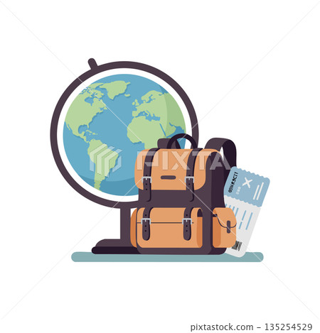 Travel backpack with passport and globe for global journey and adventure planning vector illustration Travel backpack with passport and globe for global journey and adventure planning vector illustration 135254529