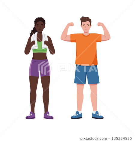 Fitness man flexing muscles with sporty woman standing in workout clothes vector illustration Fitness man flexing muscles with sporty woman standing in workout clothes vector illustration 135254530