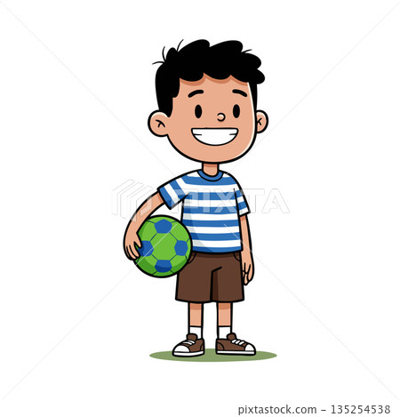 Boy holding green and blue soccer ball smiling in casual summer outfit vector illustration Boy holding green and blue soccer ball smiling in casual summer outfit vector illustration 135254538