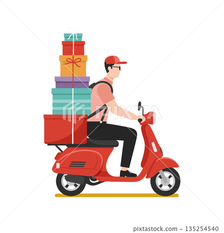 Delivery man riding red scooter with stacked gift boxes vector illustration 135254540