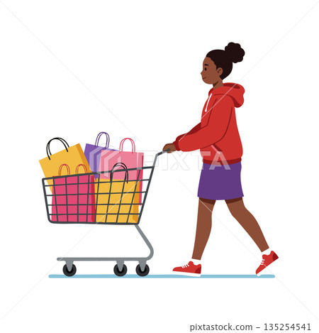 Woman pushing shopping cart full of colorful bags in casual outfit walking vector illustration 135254541