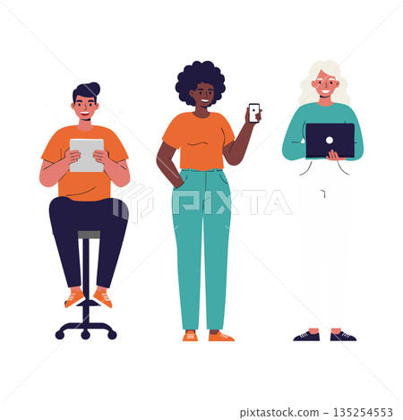 Diverse people using electronic devices in casual style technology usage illustration Diverse people using electronic devices in casual style technology usage illustration 135254553