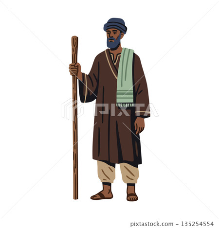 Bearded man in traditional brown robe with walking stick and green scarf vector illustration 135254554