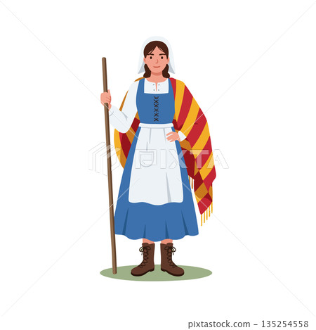 Woman in traditional folk costume holding wooden staff with colorful shawl vector illustration 135254558