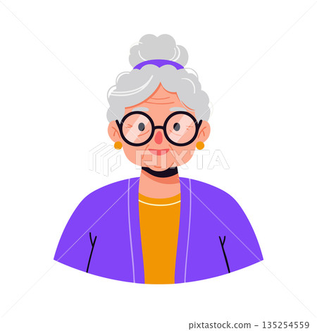Elderly woman with gray hair glasses purple cardigan orange shirt vector illustration Elderly woman with gray hair glasses purple cardigan orange shirt vector illustration 135254559