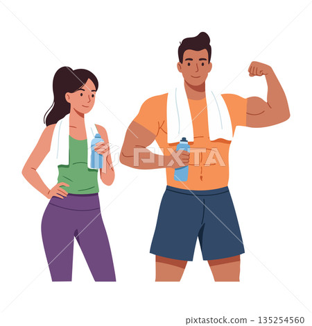 Fit young man and woman drinking water after workout with towels and sportswear vector illustration 135254560