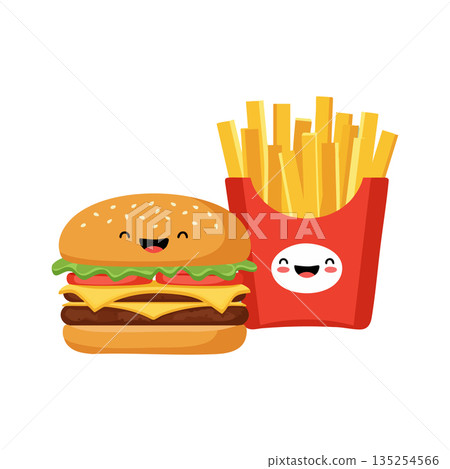 Hamburger and French Fries Cartoon Characters Smiling Happy Fast Food Vector Illustration 135254566