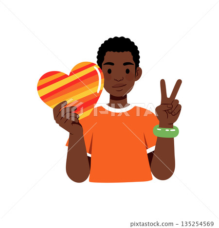 Young black boy holding striped heart symbol with peace sign in orange shirt vector illustration 135254569