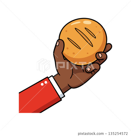 Hand holding grilled burger bun with red sleeve vector illustration food concept 135254572
