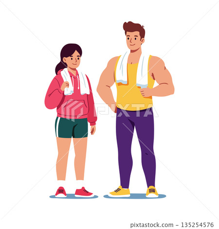 Fitness Couple Standing with Towels Ready for Workout in Sporty Clothing Vector Illustration 135254576