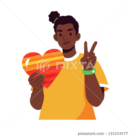 Young person holding striped heart and making peace sign in casual outfit vector illustration 135254577