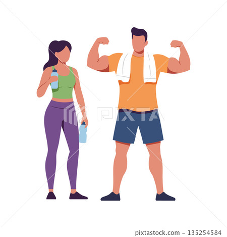 Fitness couple exercising with water bottles and towel in casual sportswear vector illustration 135254584