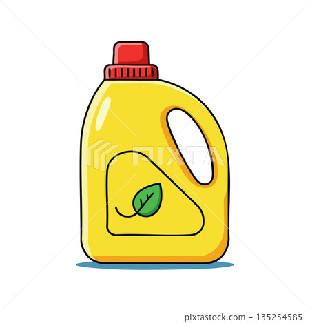 Yellow plastic bottle with red cap and green leaf symbol vector illustration Yellow plastic bottle with red cap and green leaf symbol vector illustration 135254585