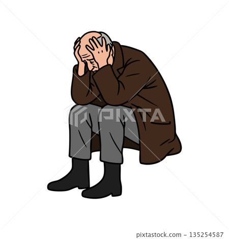 Elderly man sitting with hands on head feeling stressed and worried vector illustration 135254587