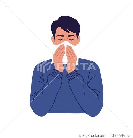 Man blowing nose with tissue in blue sweater vector illustration health care hygiene image Man blowing nose with tissue in blue sweater vector illustration health care hygiene image 135254602