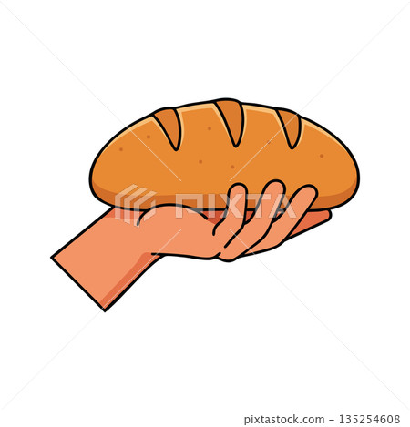 Hand holding freshly baked bread loaf simple vector illustration food concept 135254608