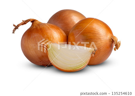 Three ripe raw yellow onions on a transparent background isolate 135254610