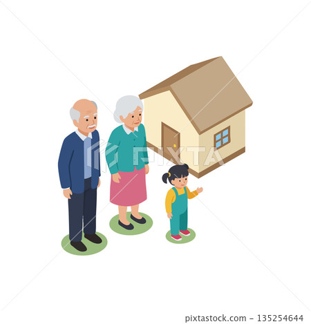 Grandparents with granddaughter standing near house symbolizing family home and generational connection in vector style Grandparents with granddaughter standing near house symbolizing family home and generational connection in vector style 135254644