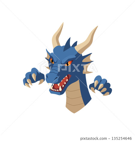 Blue dragon head with sharp claws fierce fantasy creature illustration digital art design vector 135254646