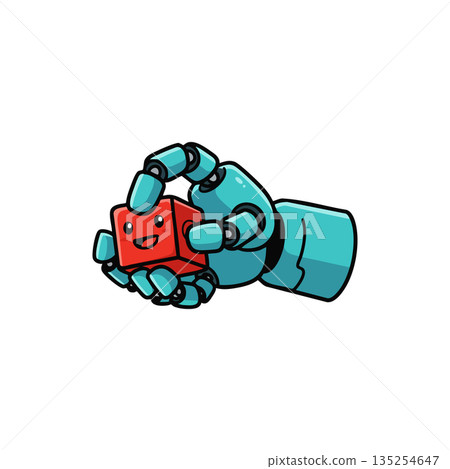 Robotic hand holding smiling red cube technology innovation concept vector illustration Robotic hand holding smiling red cube technology innovation concept vector illustration 135254647