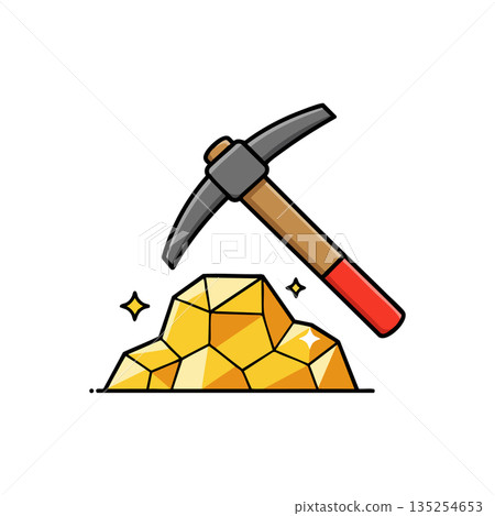 Pickaxe and gold ore mining tool with shiny gold nuggets cartoon vector illustration 135254653