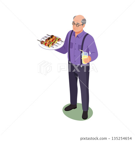 Elderly man holding plate with barbecue skewers and glass of juice vector illustration in casual purple shirt and suspenders 135254654